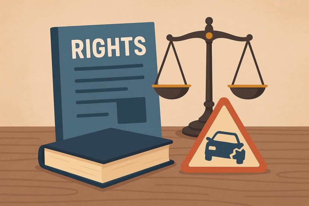 Car accident scene with damaged vehicles, highlighting legal rights and post-accident procedures