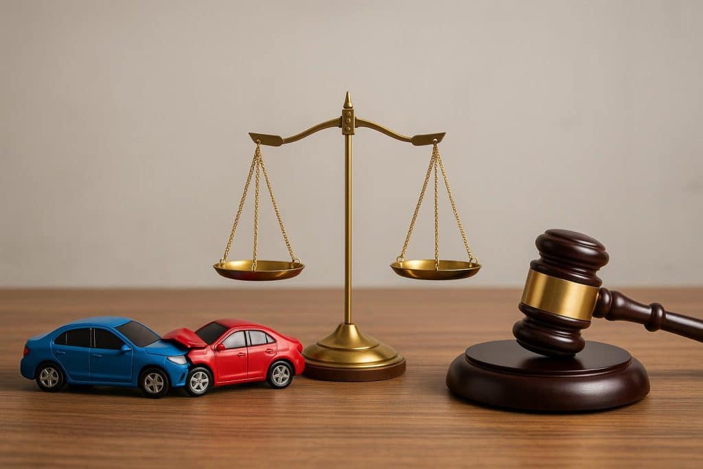 Car accident scene with damaged vehicles and legal documents highlighting need for a lawyer