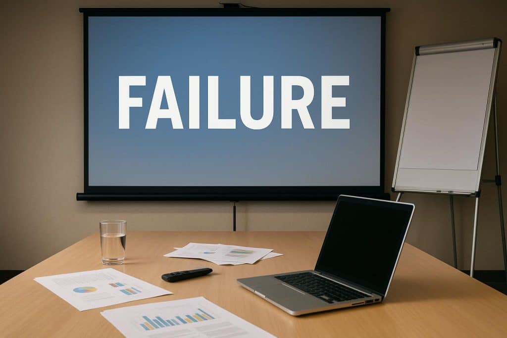 Client presentation gone wrong with project materials and presentation slides in disarray