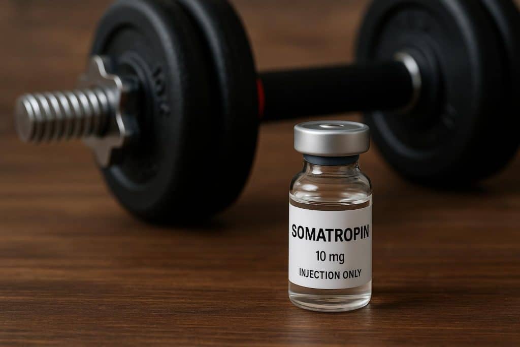 Somatropin growth hormone vials and syringes used for muscle development and athletic performance