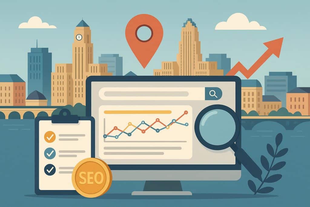 Downtown Buffalo skyline with local businesses, highlighting trusted SEO companies in Buffalo, NY
