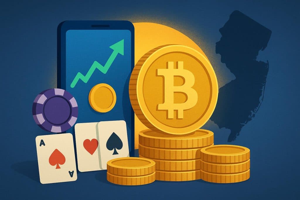 Bitcoin payment concept with New Jersey state outline, highlighting fast crypto payouts for players