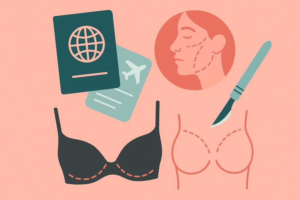 Cosmetic surgery travel experience illustrated with passports, suitcases, and beauty clinic signage