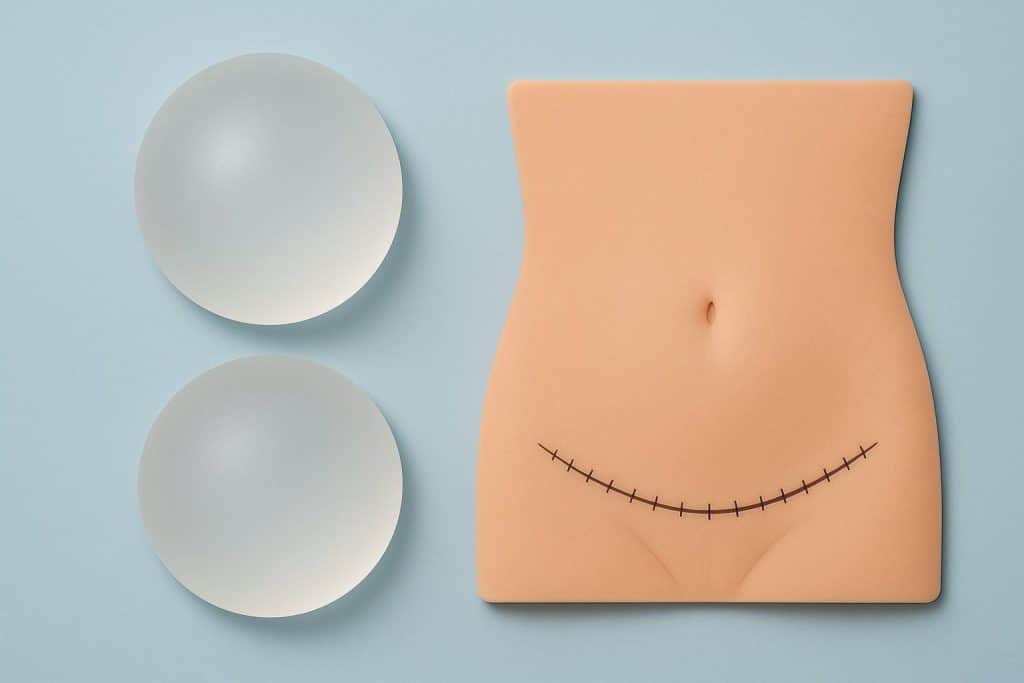Breast augmentation and tummy tuck cosmetic surgery tools on a clinical table