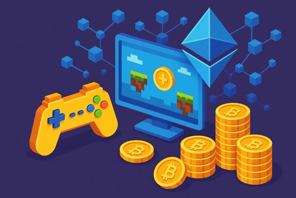 Digital tokens and avatars representing blockchain play-to-earn gaming platforms and rewards