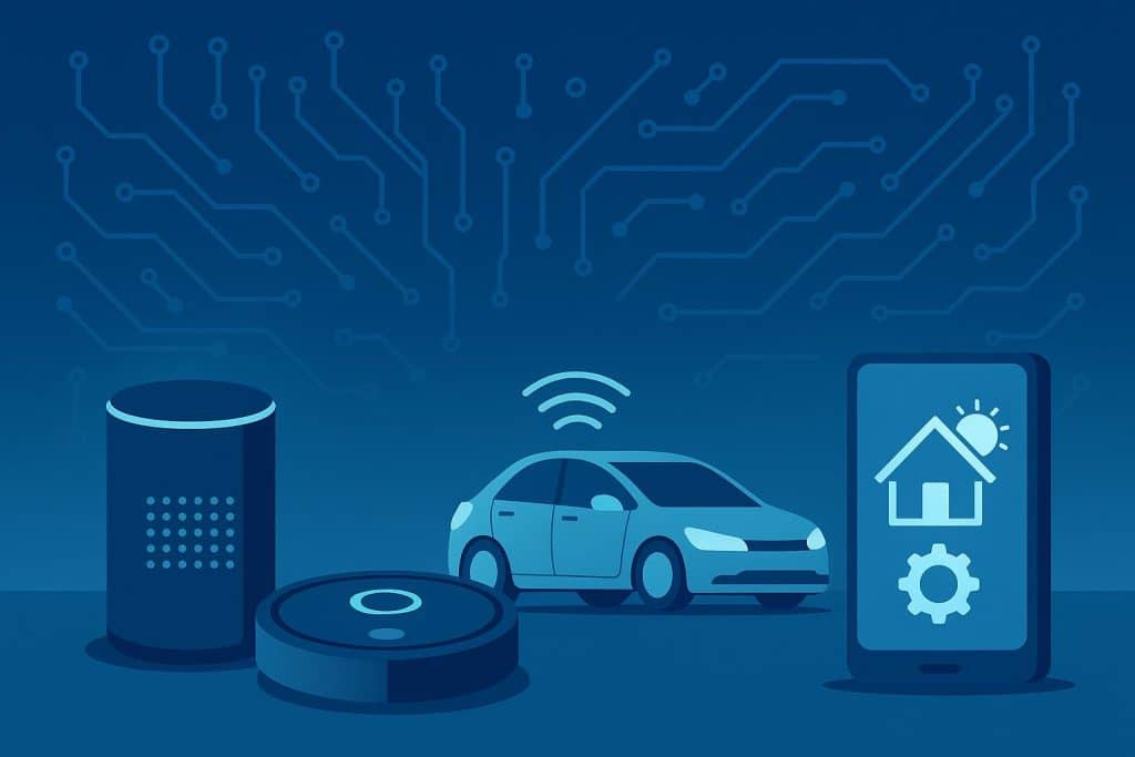 Smart devices, AI assistants, and wearable technology integrated into everyday home environments