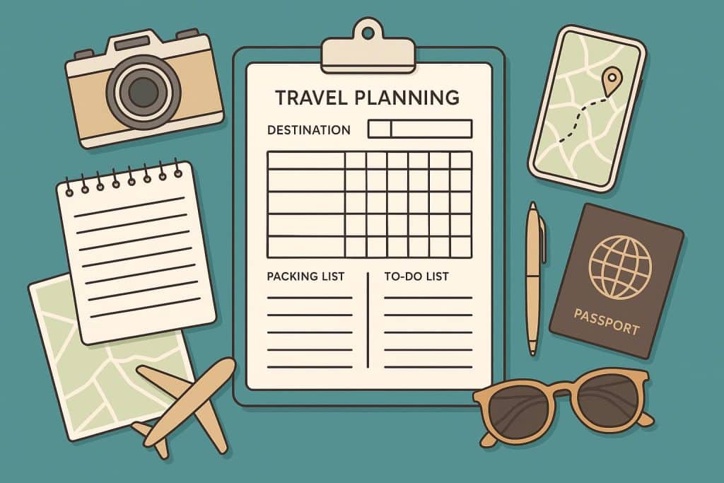 Travel planning template with maps, calendar, and checklist for organizing trips efficiently