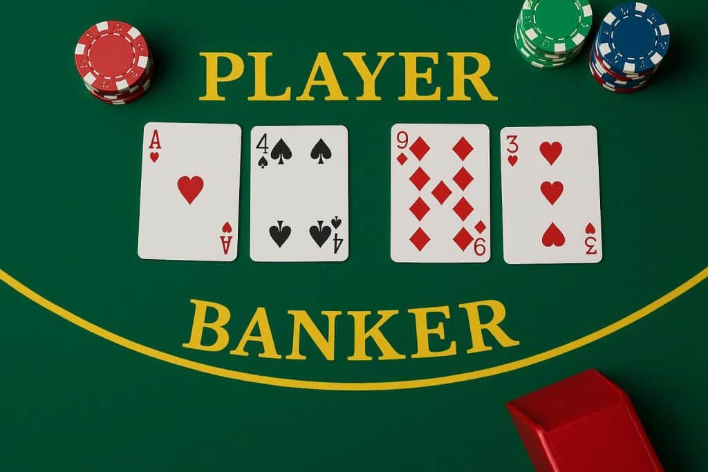 Baccarat table setup showing cards, chips, and layout for gameplay and rules explanation