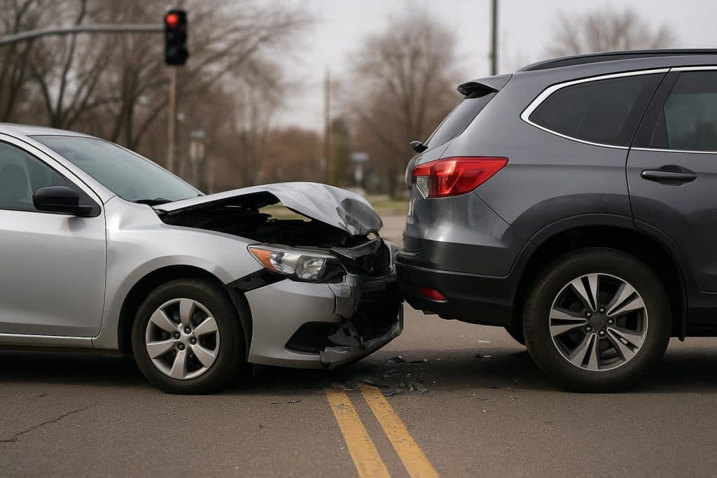 Crashed cars with emergency vehicles at accident scene on city street