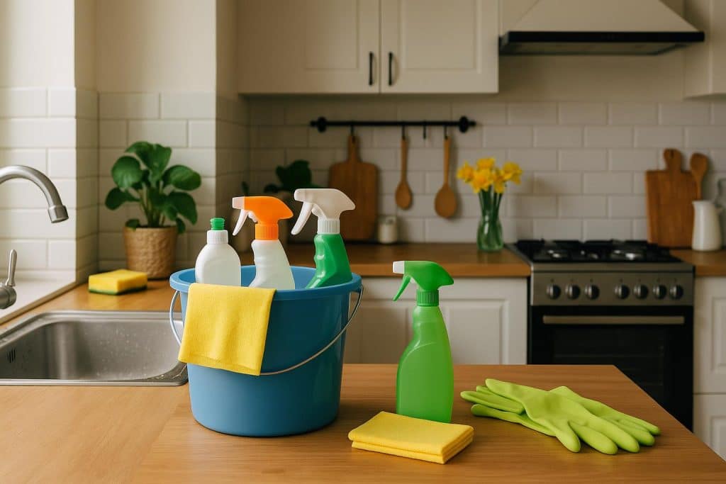 Sparkling clean kitchen countertop with organized utensils and fresh spring décor