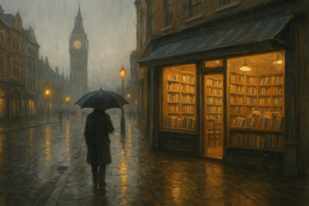 Cozy London bookshop with bookshelves and raindrops on the window during a rainy afternoon