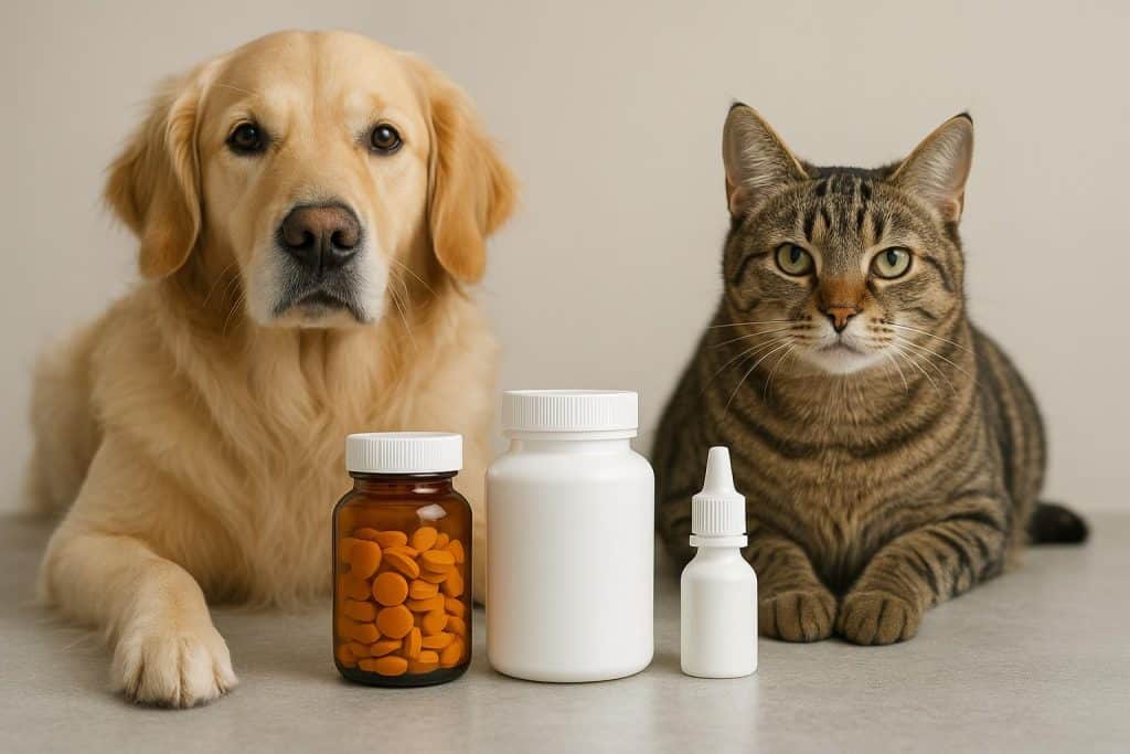 Dog and cat with prescription pill bottles highlighting specialized pet medication formulas