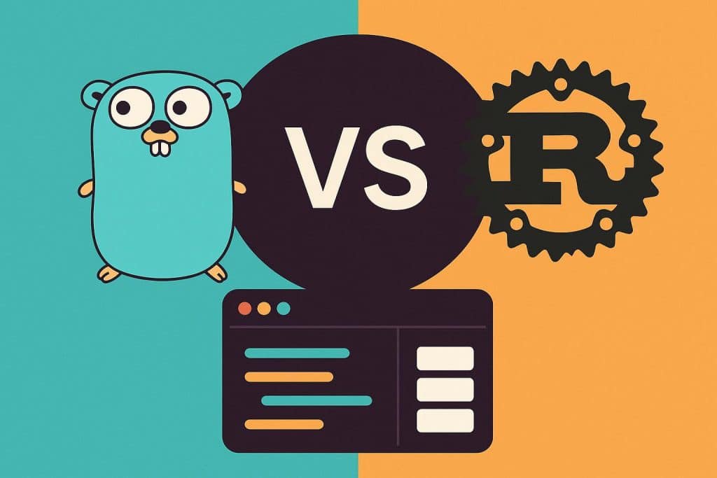 Go and Rust logos side by side with backend server icons, representing language comparison