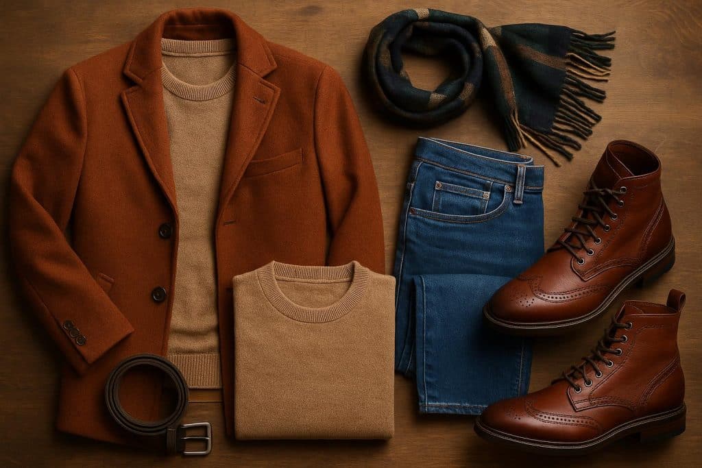 Flat lay of men’s fall wardrobe essentials including sweaters, boots, jackets, and accessories