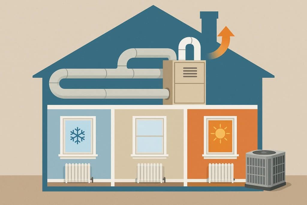 Technician inspecting HVAC system to address uneven heating in different rooms of a house