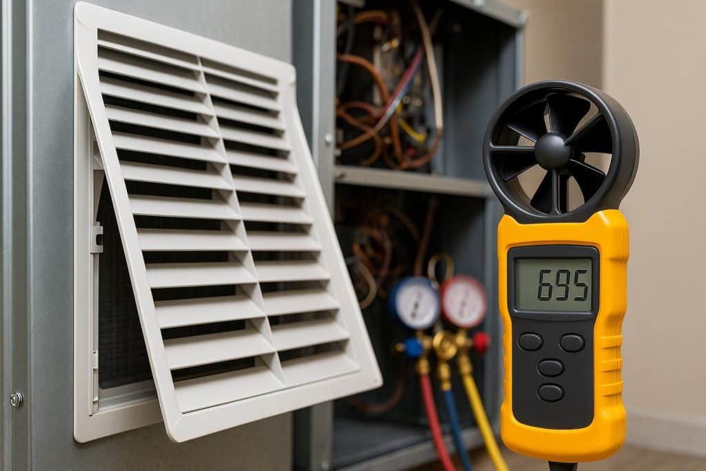 Technician measuring air vents to assess airflow during HVAC system service inspection