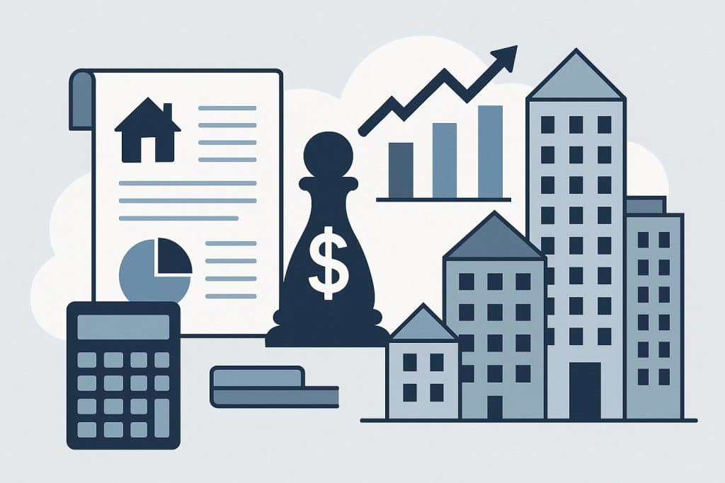 Modern office desk with financial charts, real estate documents, and calculator for investors