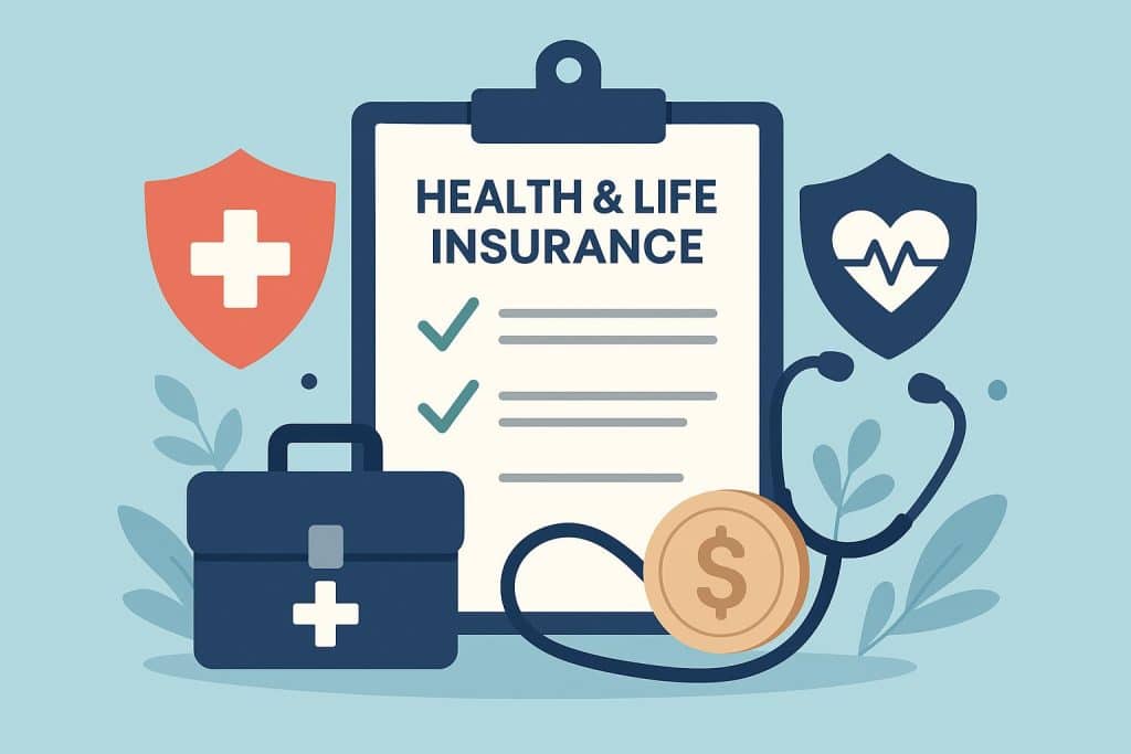 Health and life insurance concept with policy documents, stethoscope, and coverage symbols