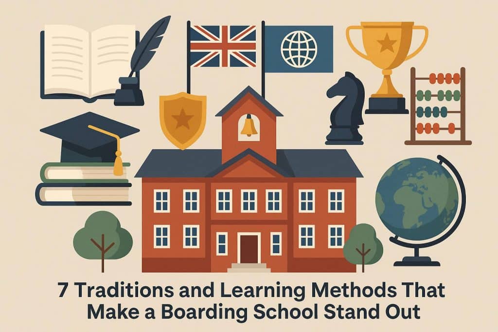 Historic boarding school campus with traditional architecture and students participating in outdoor learning