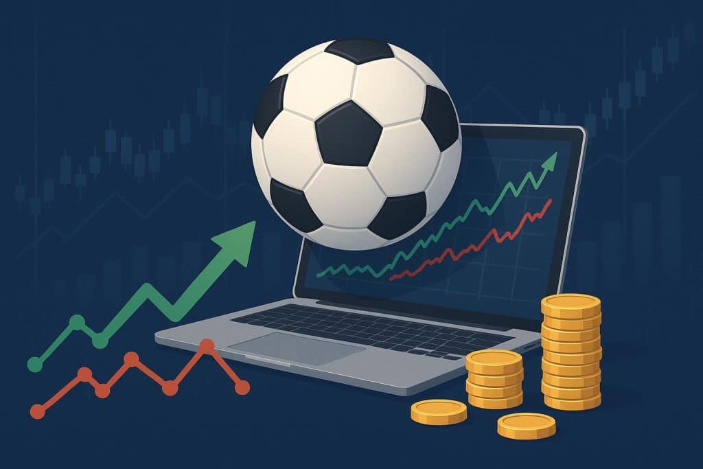 Data charts and football icons illustrating predictive analysis in online football betting