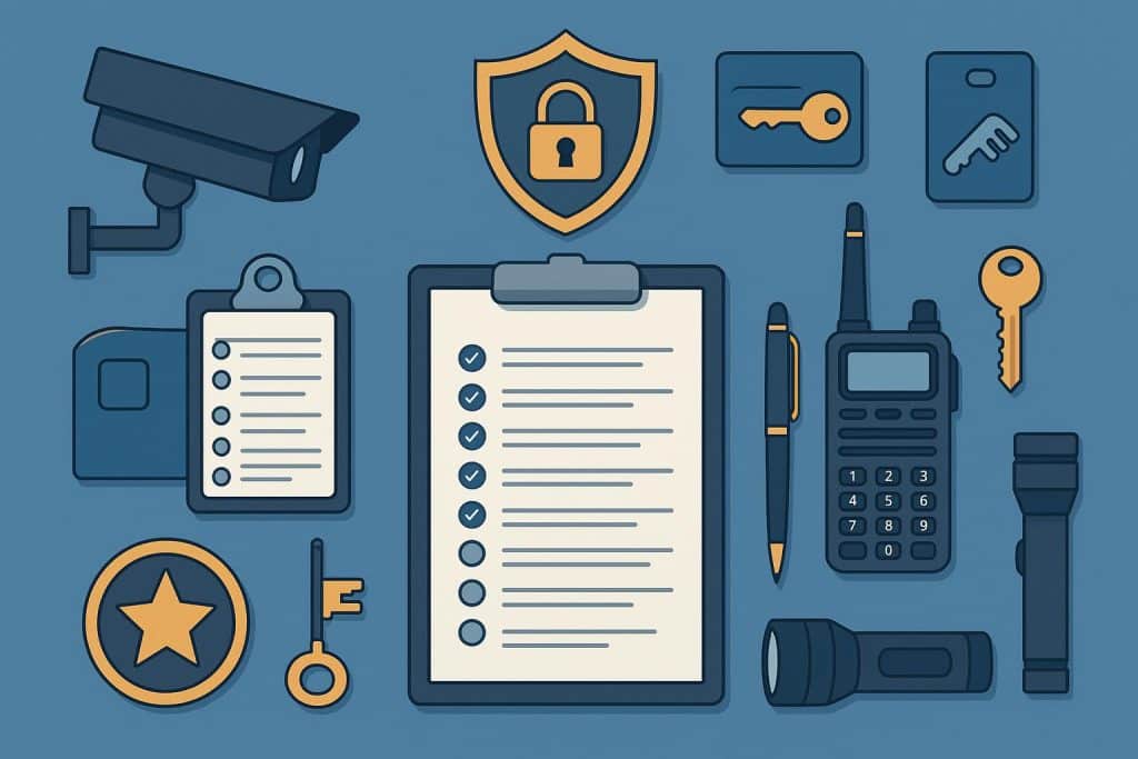 10 Key Elements of an Effective Security Daily Activity Report Security officer filling out a daily activity report checklist at a desk with surveillance monitors