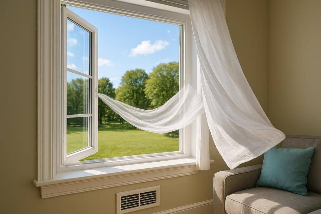 Open window letting in fresh air with curtains blowing in a cozy, well-furnished living room