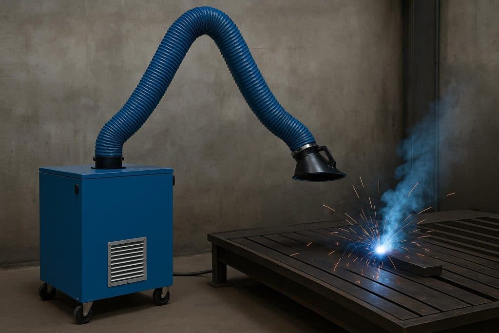 How Many CFM for Welding Fume Extractor Do You Need? Industrial welding fume extractor operating near welding workstation with visible ventilation duct