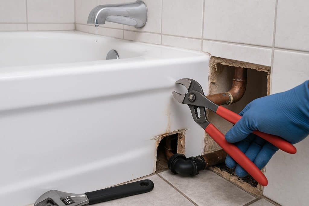 Bathtub leak detection and repair by professional plumber fixing hidden water damage
