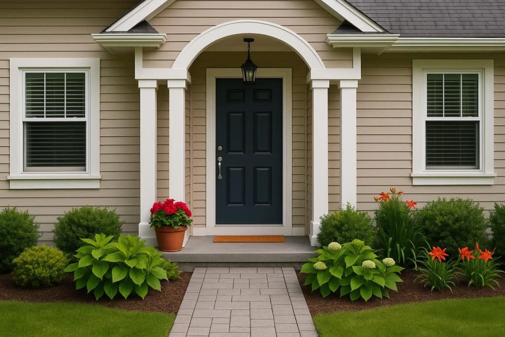 Freshly painted front door with potted plants and new house numbers boosting home curb appeal