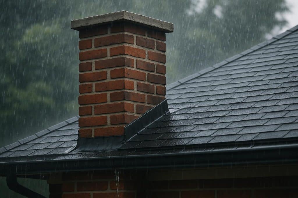 Technician repairing brick chimney on house roof to fix water leaks in Omaha neighborhood