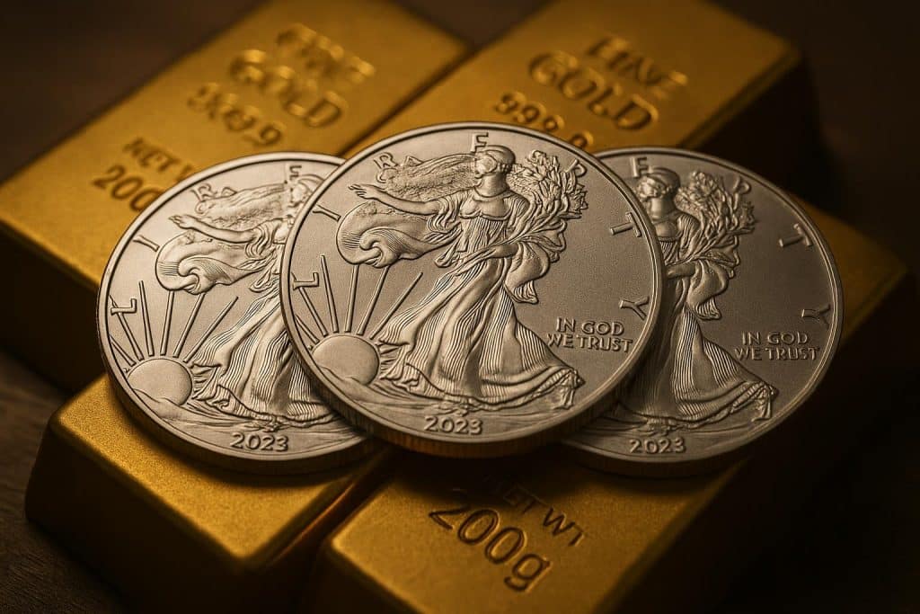 Silver American Eagle coins displayed on a table, highlighting investment through precious metal firms