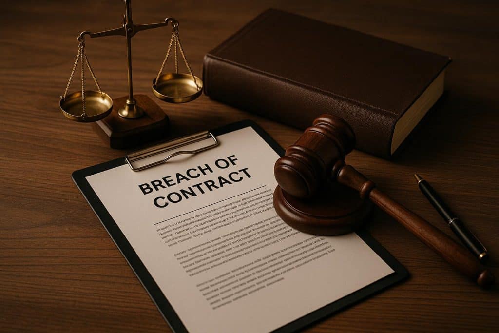 Strategic Legal Support for Breach of Contract Claims Gavel and legal documents symbolizing strategic legal support for breach of contract claims