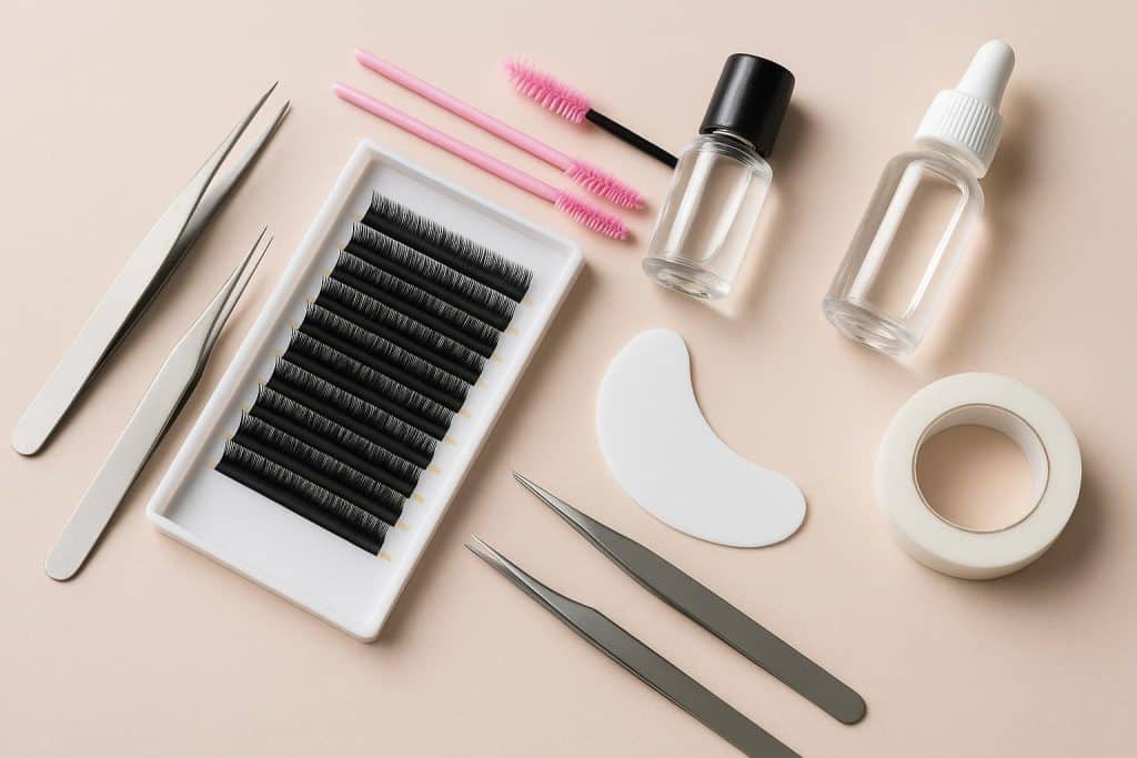 What Supplies Do You Need for Eyelash Extensions? Eyelash extension tools and supplies arranged on a table for professional lash application