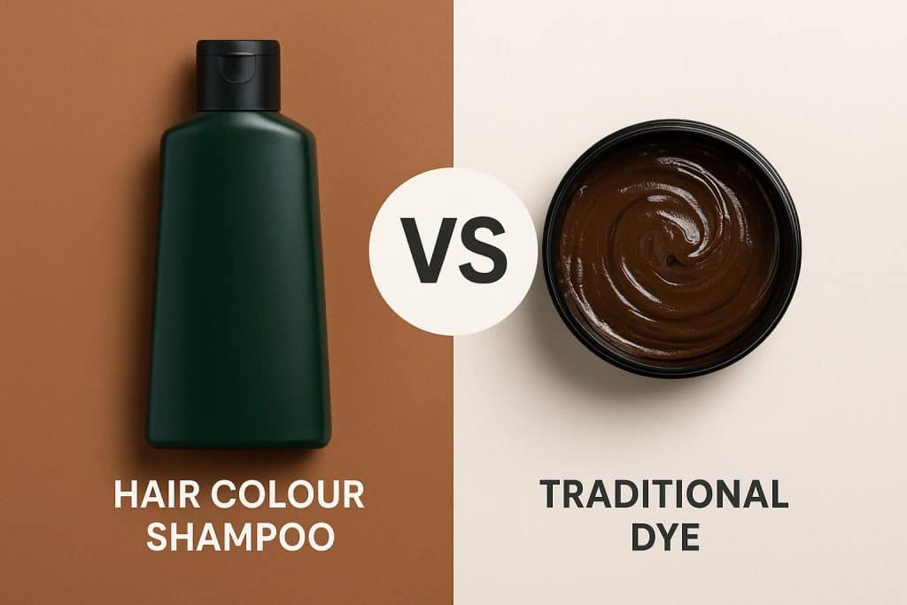 Hair Colour Shampoo vs Traditional Dye: Which Is Better for Your Hair? Bottles of hair colour shampoo next to traditional hair dye boxes on a bathroom countertop