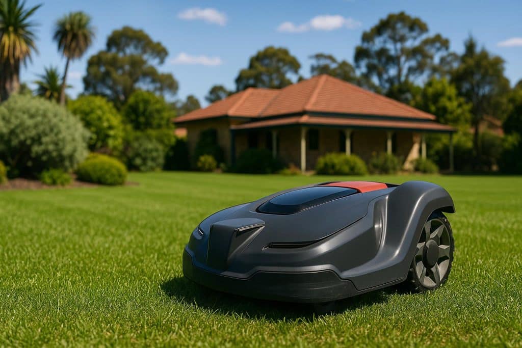 What Australian Homeowners Should Know Before Buying a Robot Lawn Mower Modern robot lawn mower cutting grass in an Australian backyard with contemporary house background