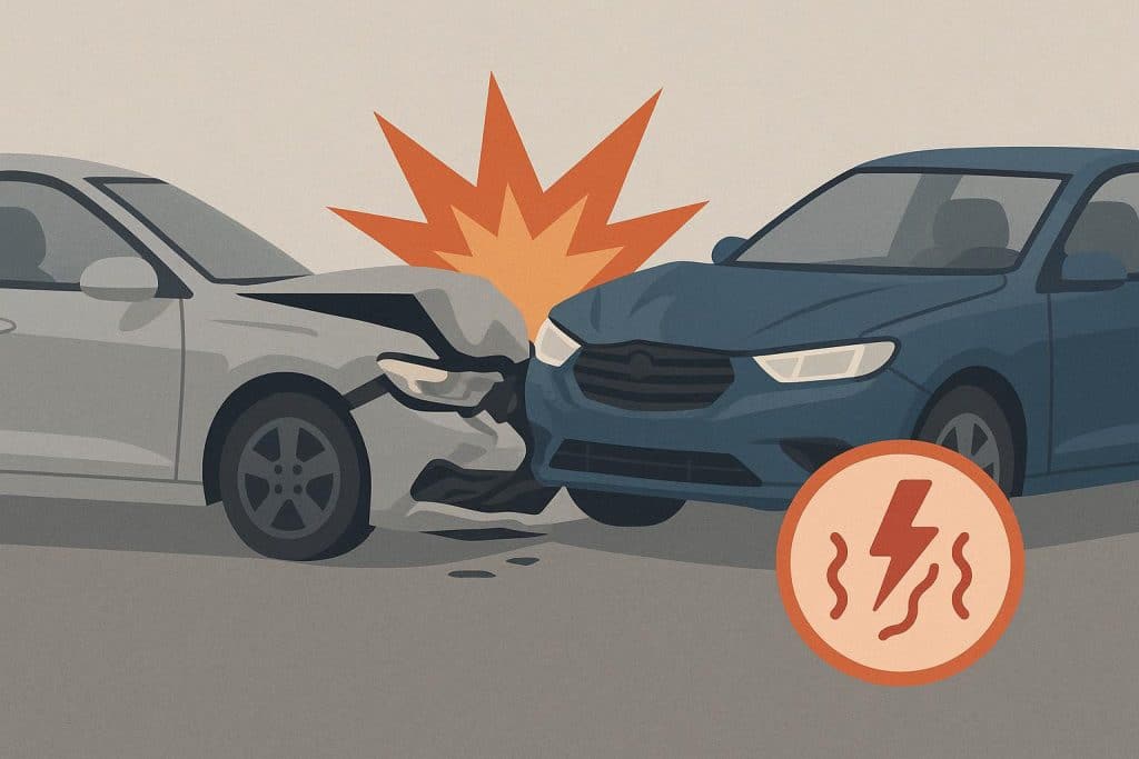 Crashed car on city street highlighting delayed injury symptoms after accidents