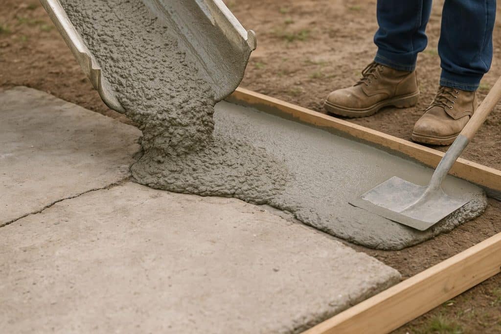 Pouring fresh concrete over old concrete slab for resurfacing and repair