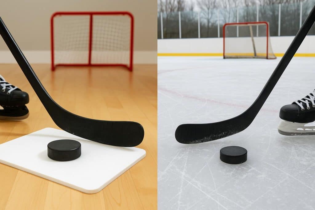 Hockey stick handling drills on synthetic ice and at-home setup for skill improvement comparison