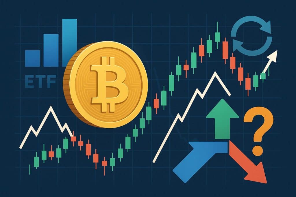 Bitcoin price chart with volatility trends, ETF influence, and buy-hold-sell investment analysis