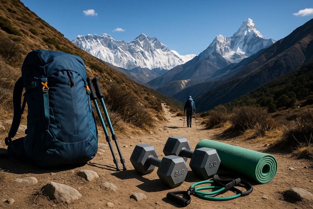 Fitness training for Everest Base Camp trek with hikers practicing endurance exercises outdoors
