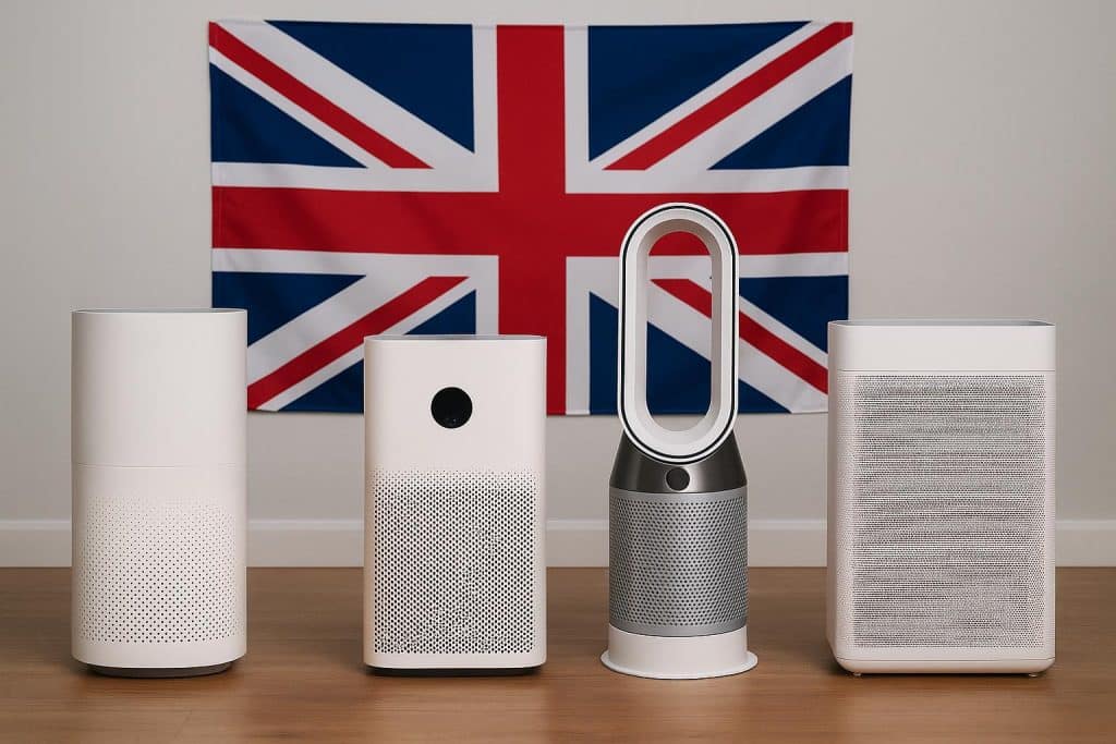 Top air purifier brands displayed on a table for UK home use and allergy relief comparison