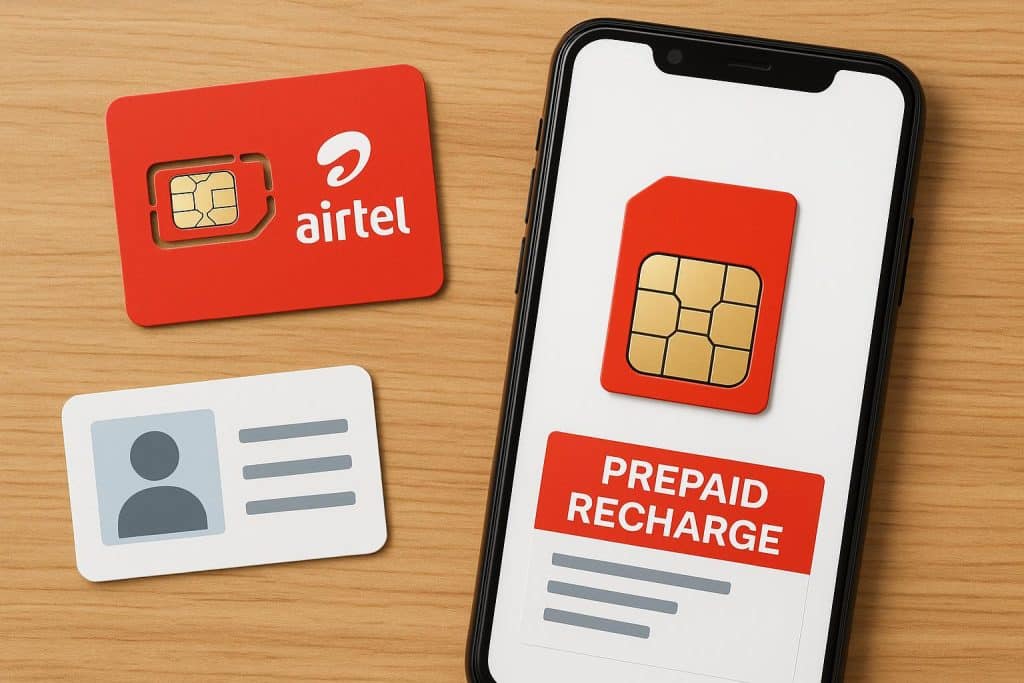 Airtel SIM card with mobile phone showing number porting and prepaid recharge offers