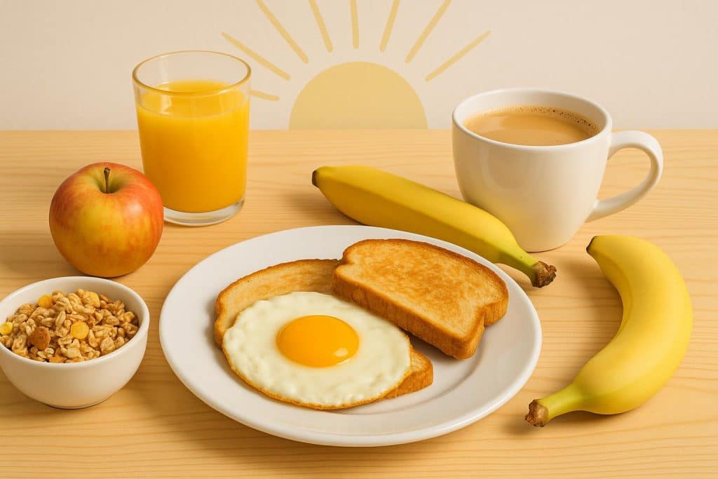 Healthy breakfast foods including oatmeal, fruit, and coffee boosting morning energy levels