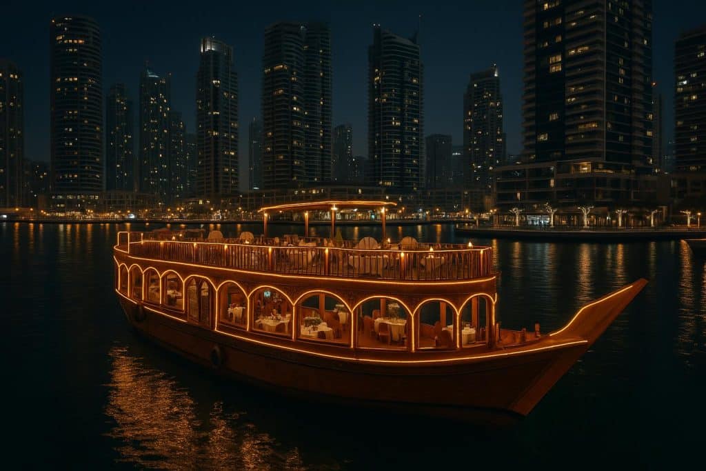 Celebrate Your Special Moments on the Dhow Cruise Dubai Marina Luxury dhow cruise with sparkling Dubai Marina skyline, perfect for special celebration events