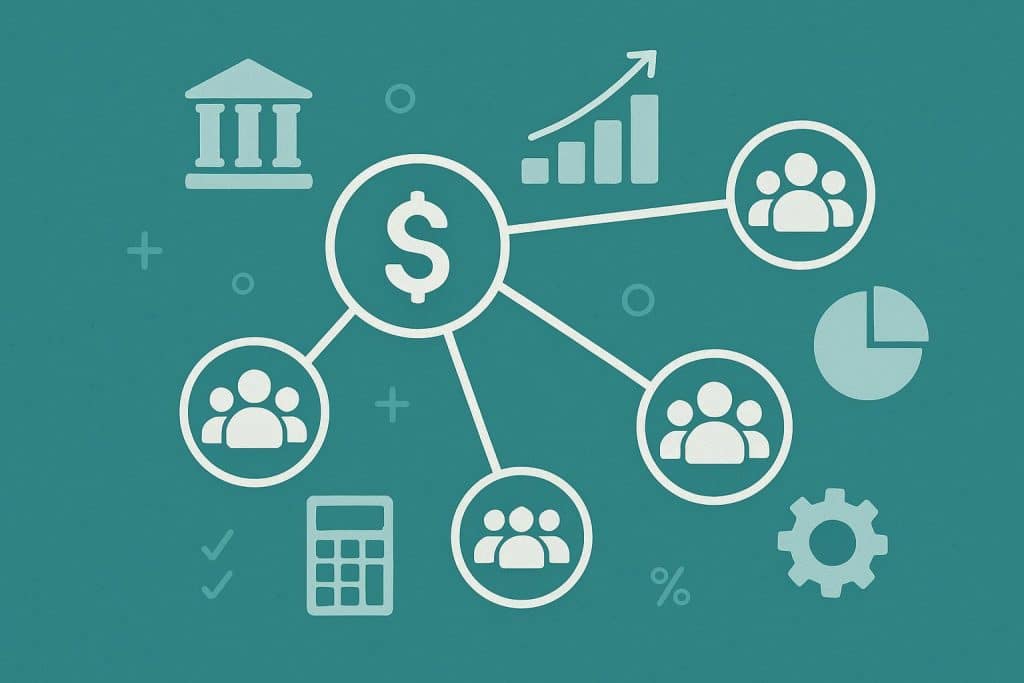 Group purchasing organization concept with connected businesses saving costs collaboratively
