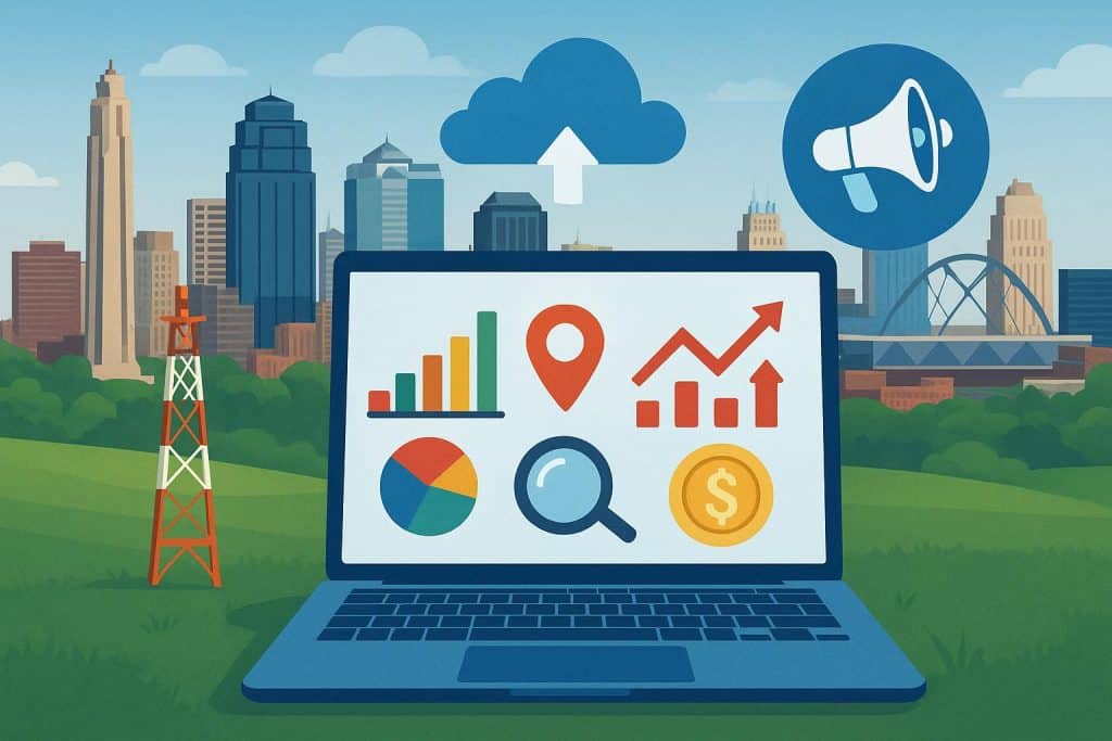 Kansas City skyline with digital marketing icons highlighting local business growth strategies