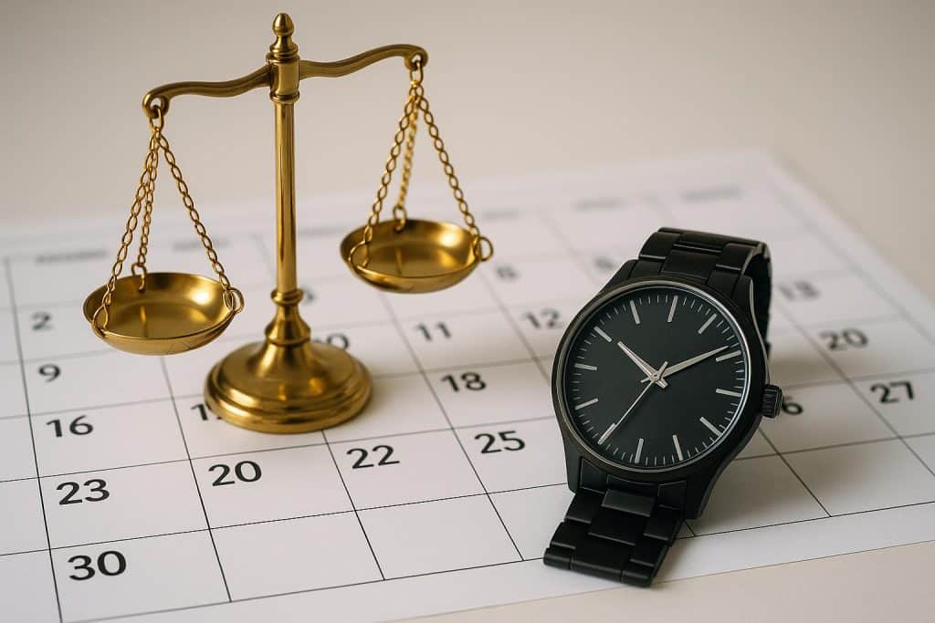 Courtroom clock overlapping with urban life symbols, illustrating legal deadlines and daily routines