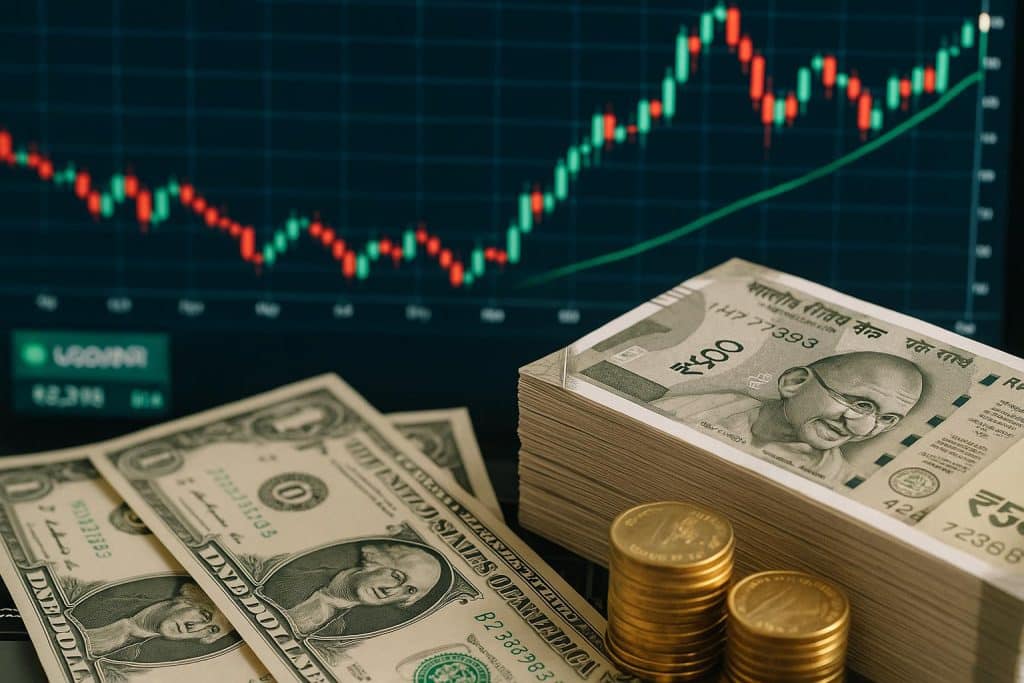 How to Start Forex Trading in India With Small Capital Forex trading platform on a laptop with Indian rupee notes, representing small capital investment