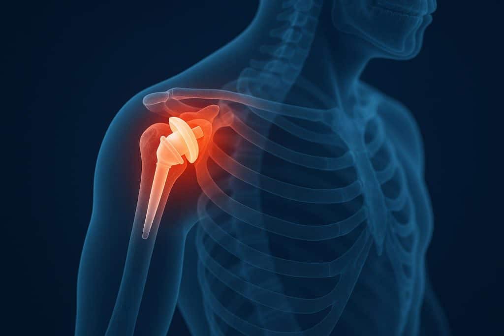 Reverse shoulder replacement surgical procedure showcasing artificial joint components and shoulder anatomy