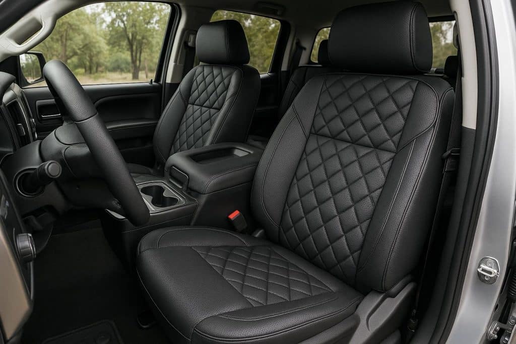 Close-up of stylish truck seat covers enhancing interior comfort and protection in a modern pickup
